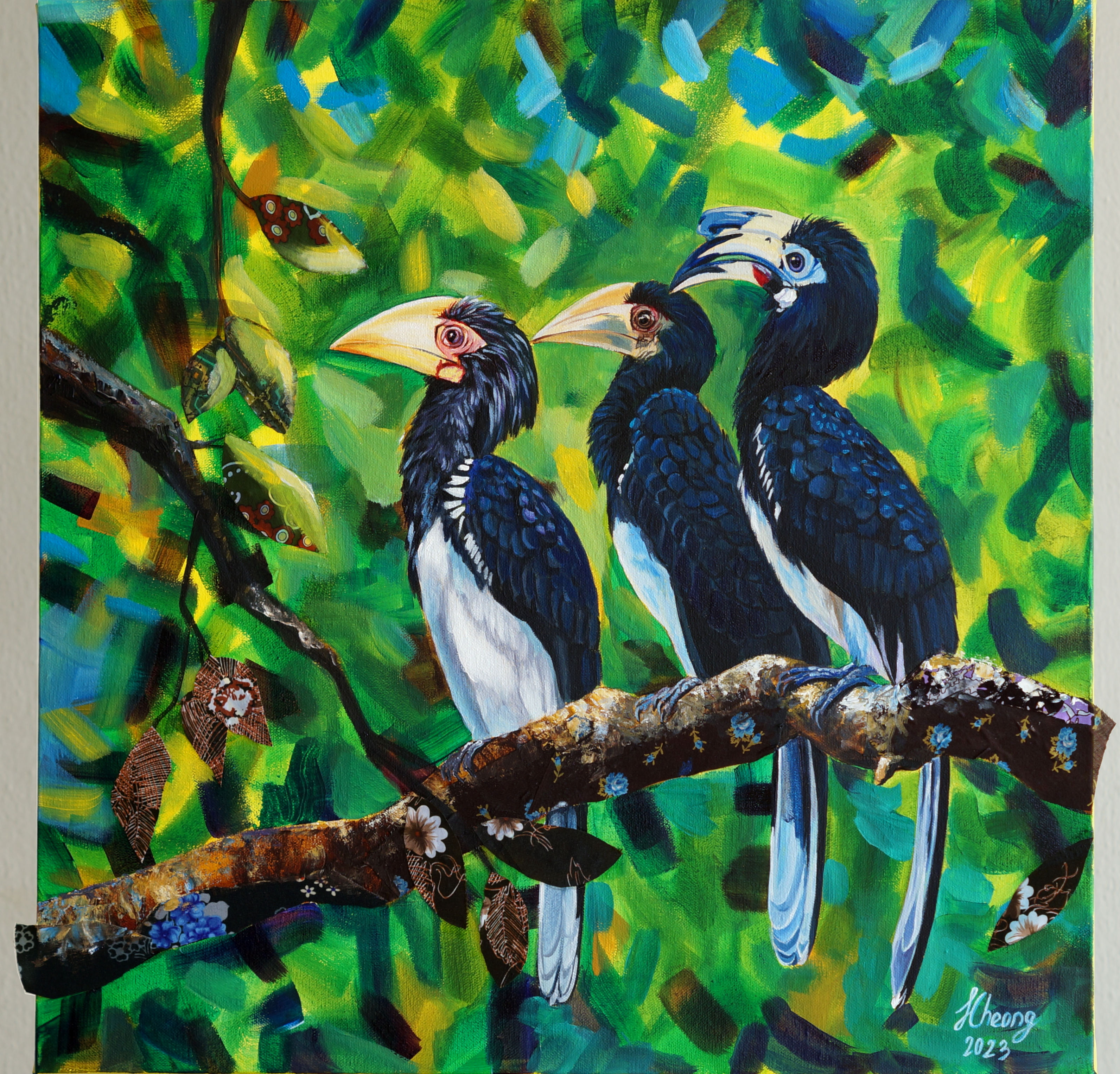 hornbill, bird, Three Hornbills, Mixed media, painting, Jillian Cheong